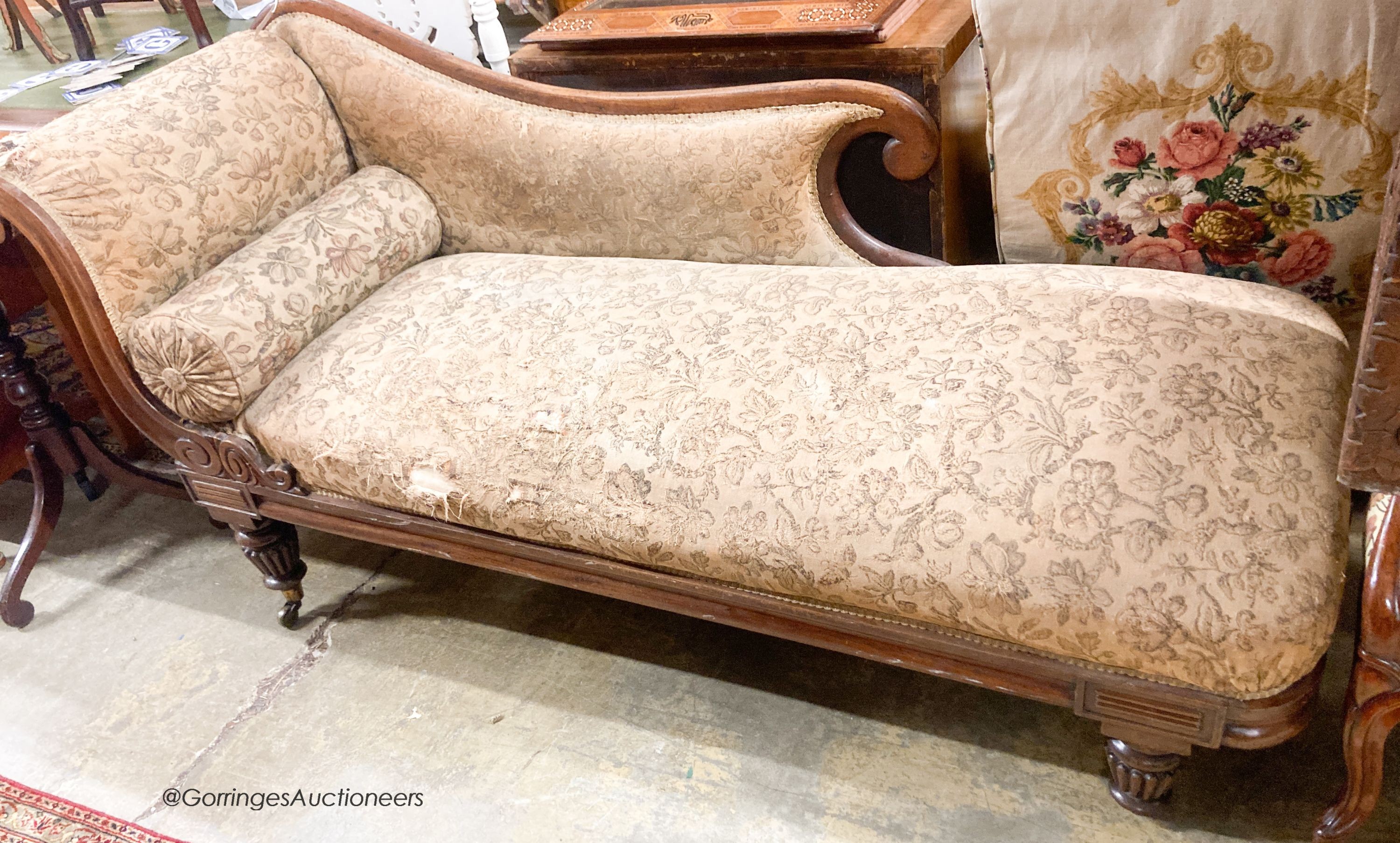 A Victorian chaise longue, length 186cm, depth 64cm, height 88cm